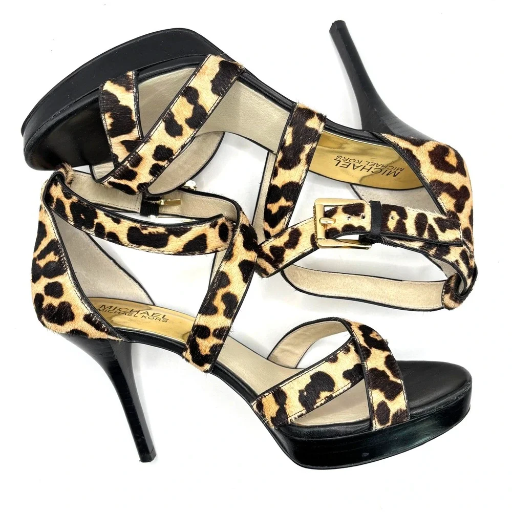 Michael Kors Women Leopard Print Calf Hair Platform Stiletto Sandals Brown Black